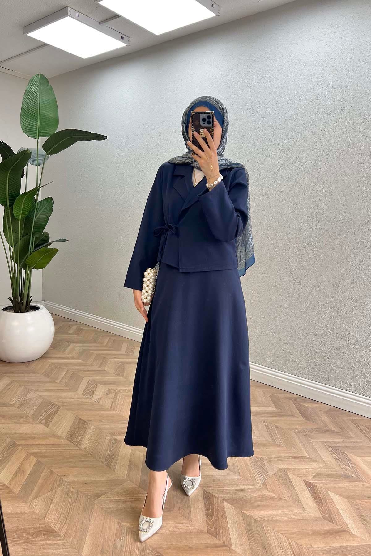 Sare Fashion Side Tie Skirted Suit Navy Blue