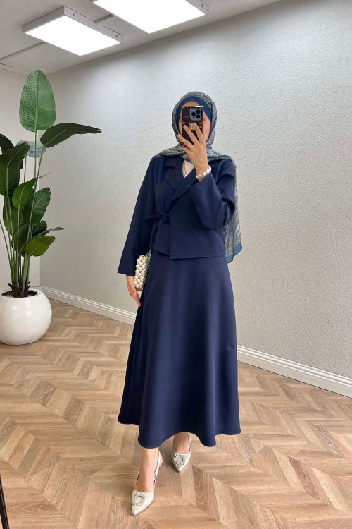 Sare Fashion Side Tie Skirted Suit Navy Blue