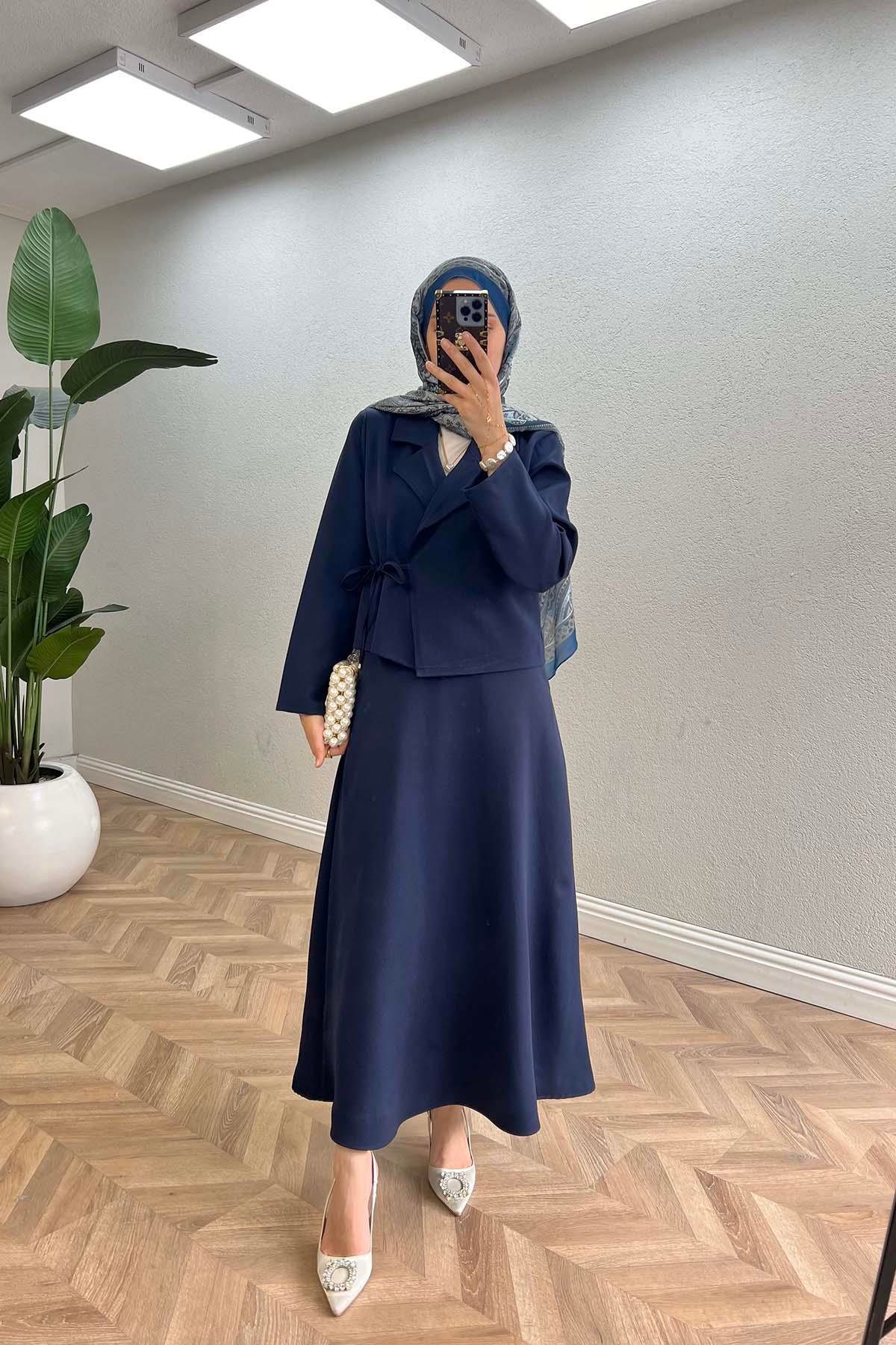 Sare Fashion Side Tie Skirted Suit Navy Blue