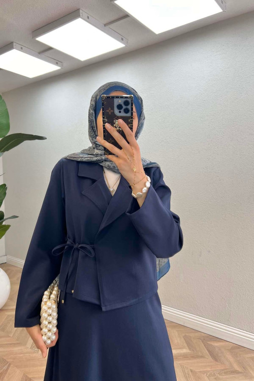 Sare Fashion Side Tie Skirted Suit Navy Blue