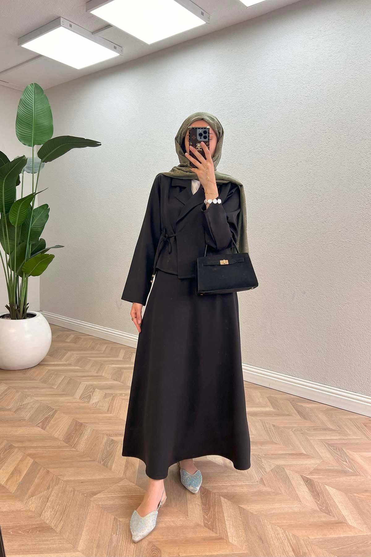 Sare Fashion Side Tie Skirted Suit Black