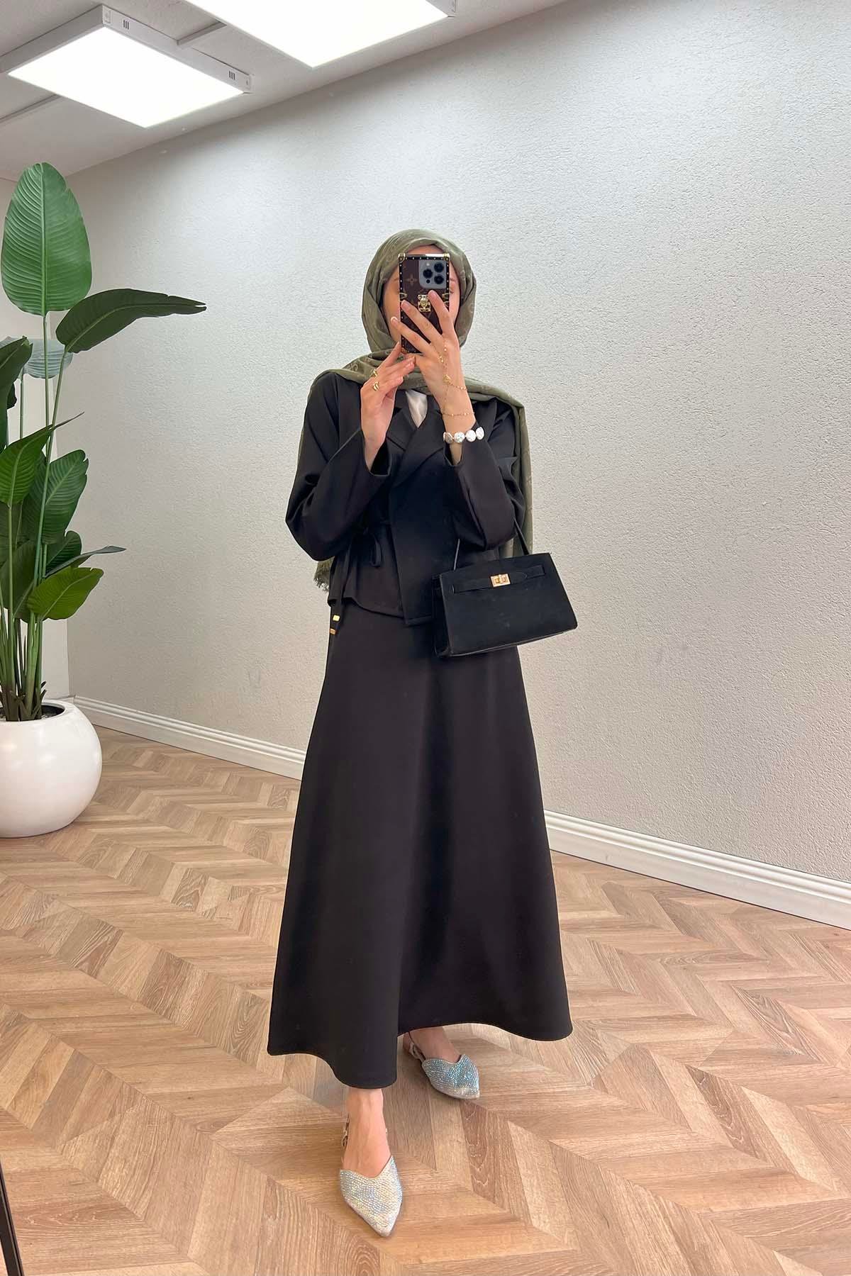 Sare Fashion Side Tie Skirted Suit Black