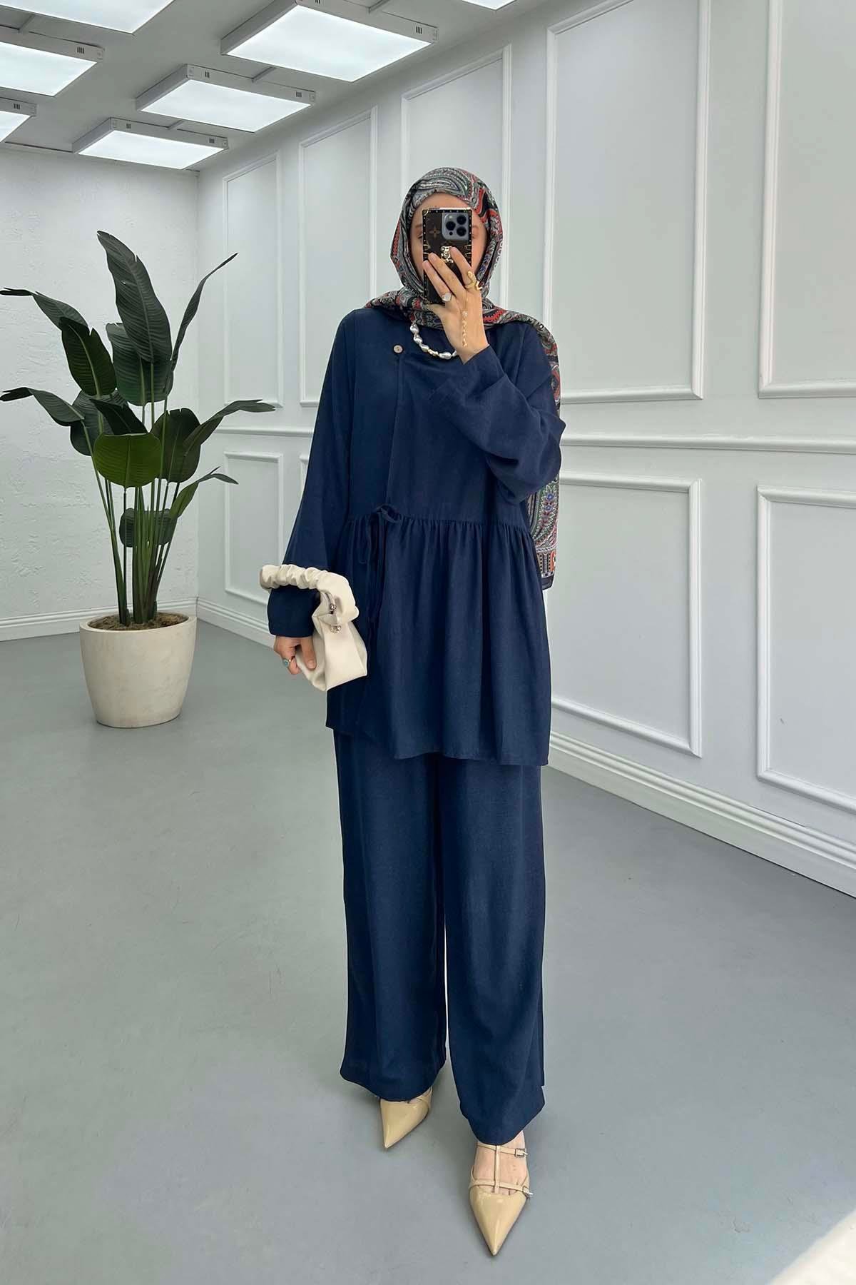 Sare Fashion Side Tie Kimono Set Navy Blue