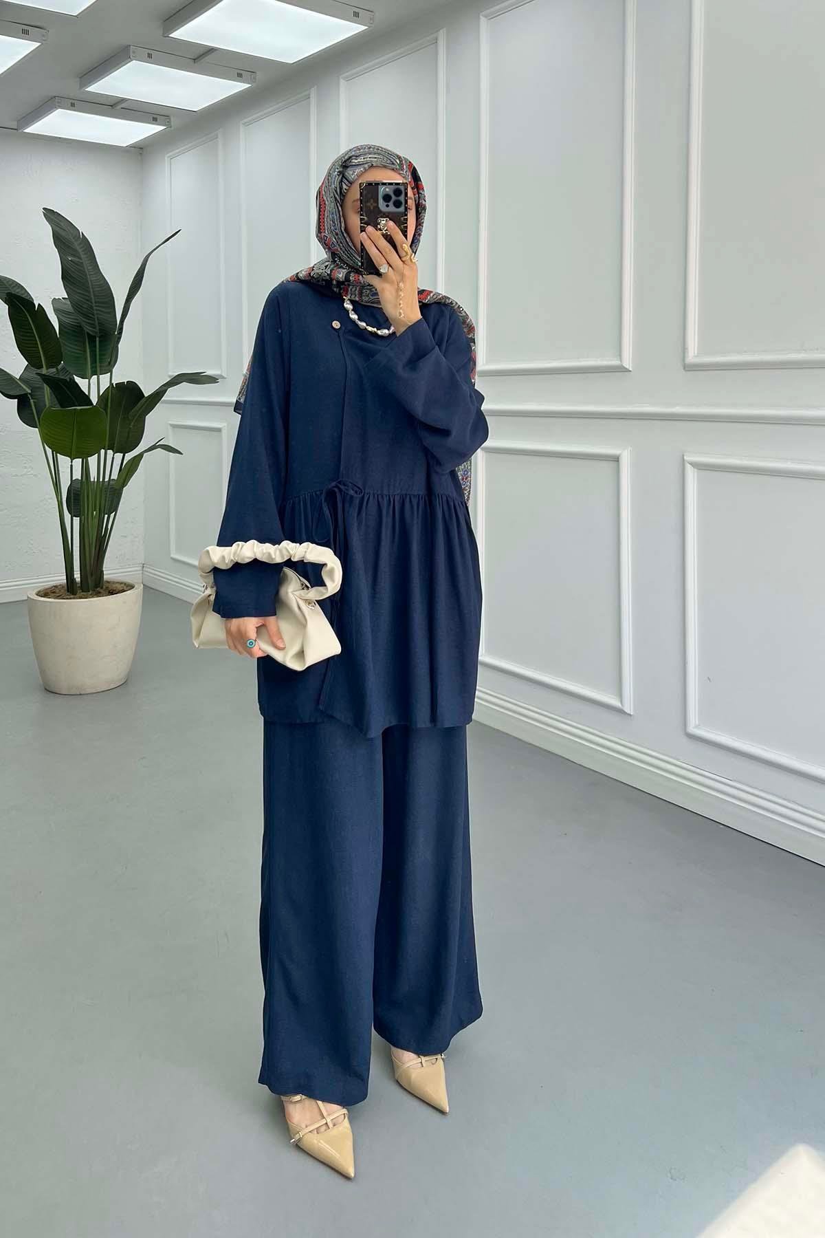 Sare Fashion Side Tie Kimono Set Navy Blue