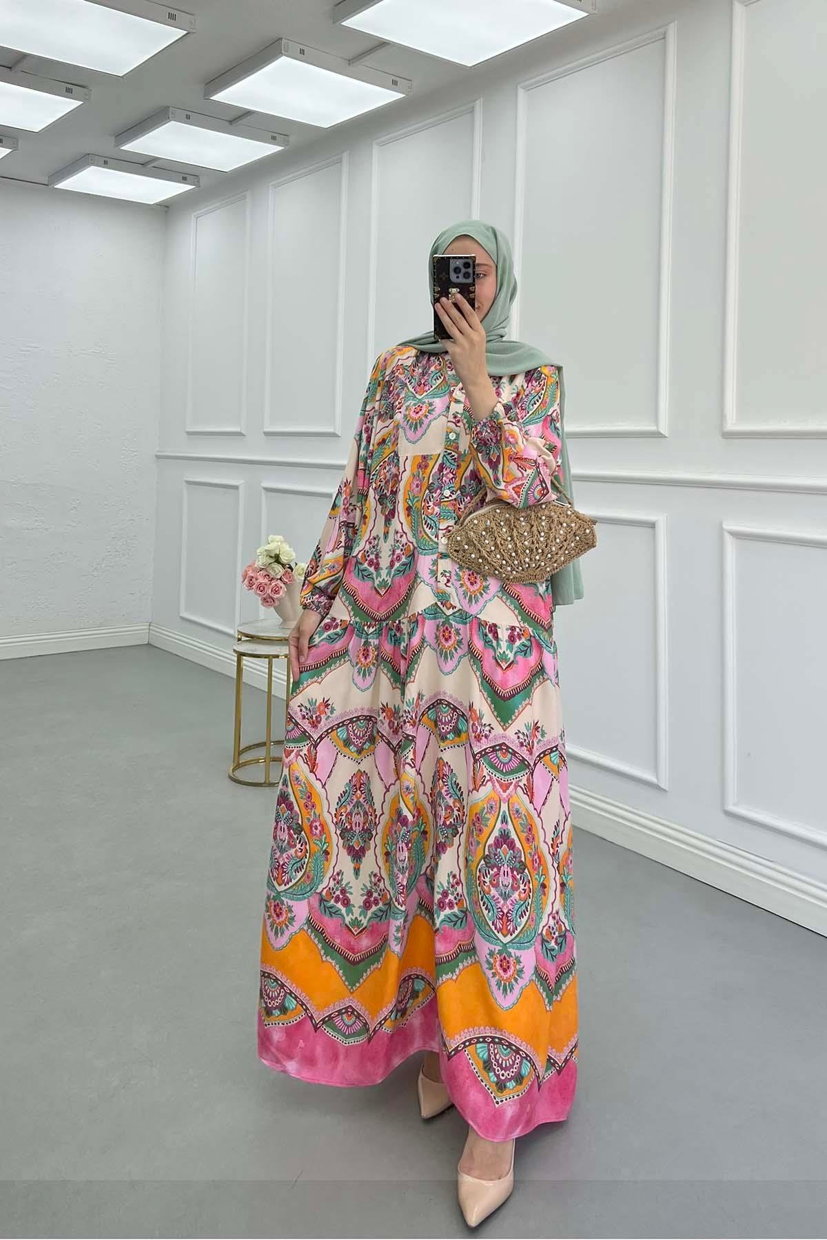 Sare Fashion Half Button Patterned Viscose Dress in Multicolor