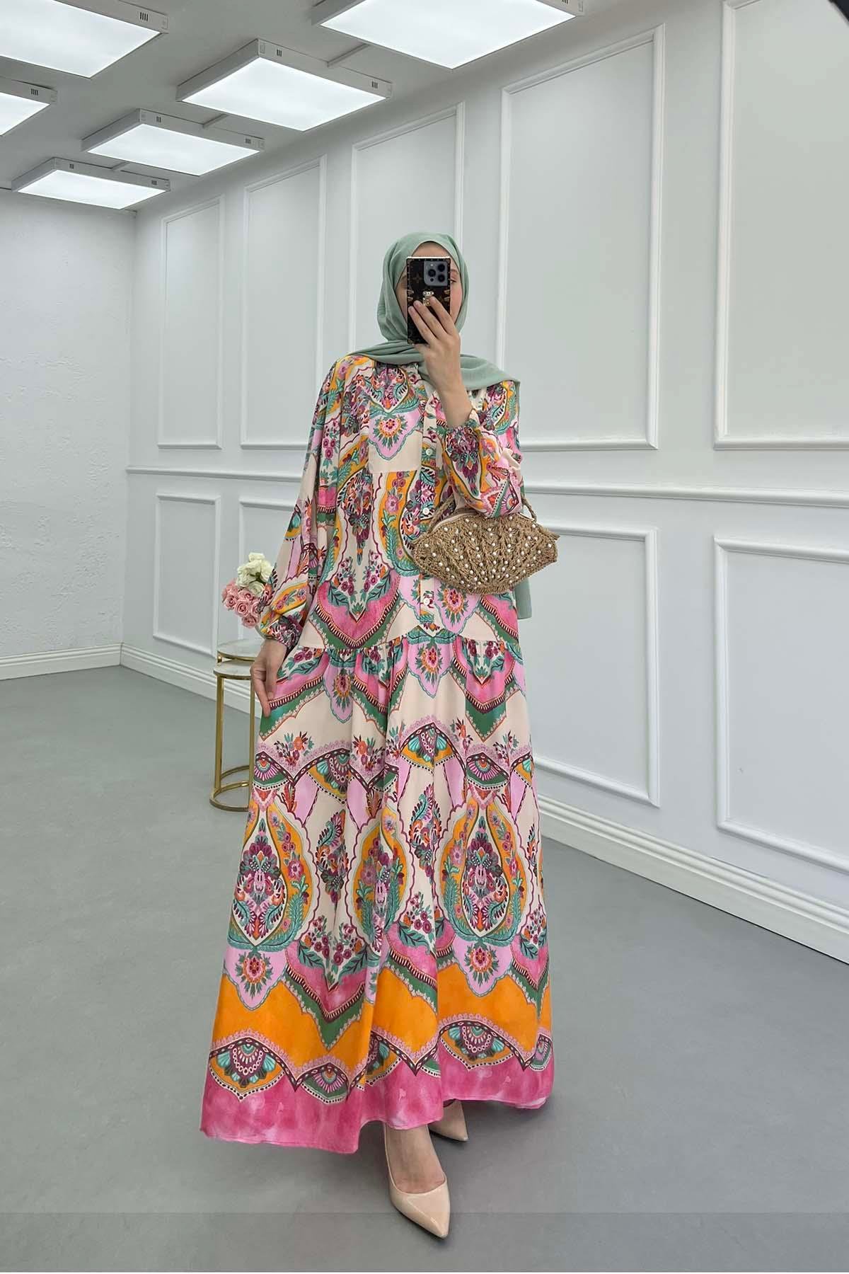 Sare Fashion Half Button Patterned Viscose Dress in Multicolor