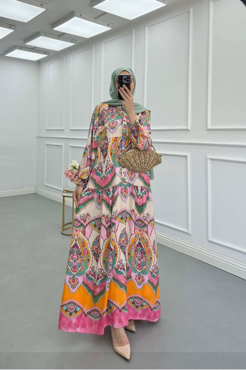Sare Fashion Half Button Patterned Viscose Dress in Multicolor