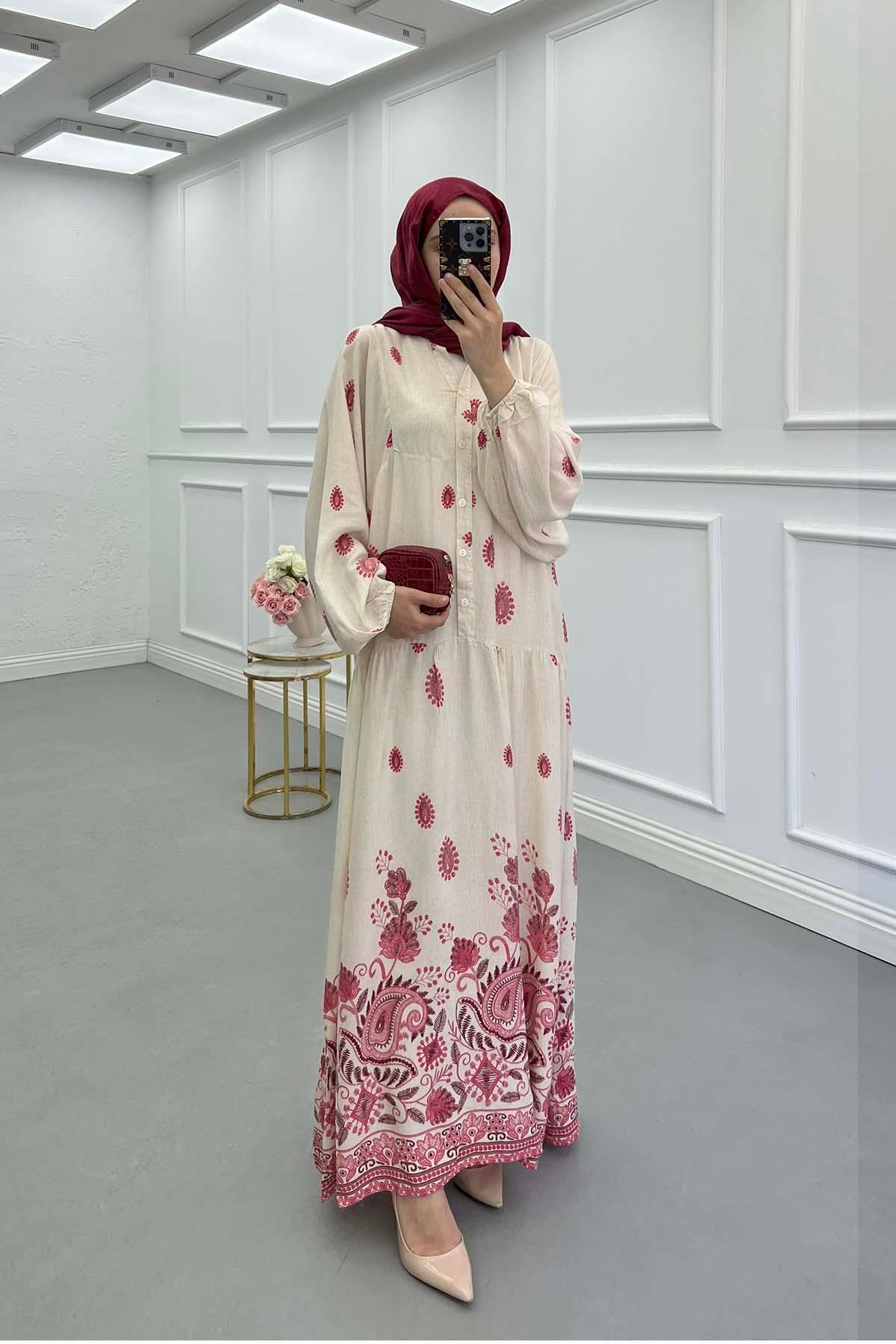 Sare Fashion Half Button Patterned Viscose Dress Fuchsia