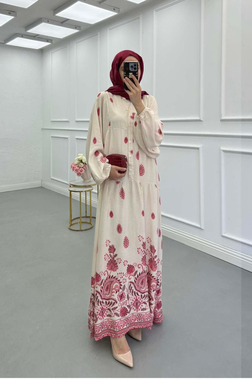 Sare Fashion Half Button Patterned Viscose Dress Fuchsia