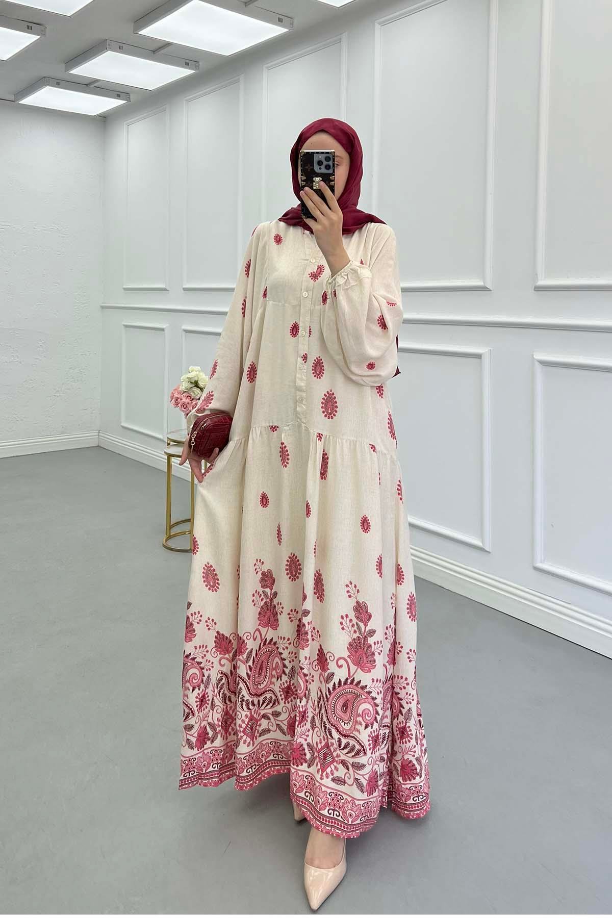 Sare Fashion Half Button Patterned Viscose Dress Fuchsia