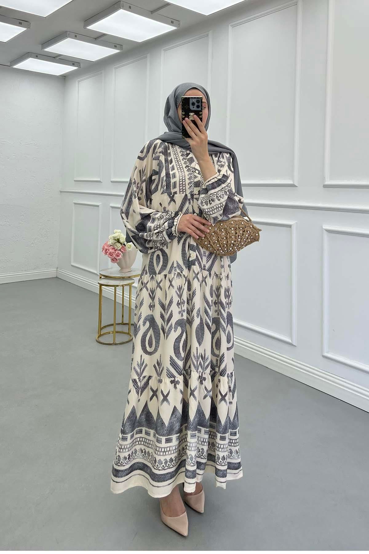 Sare Fashion Half Button Patterned Viscose Dress Gray
