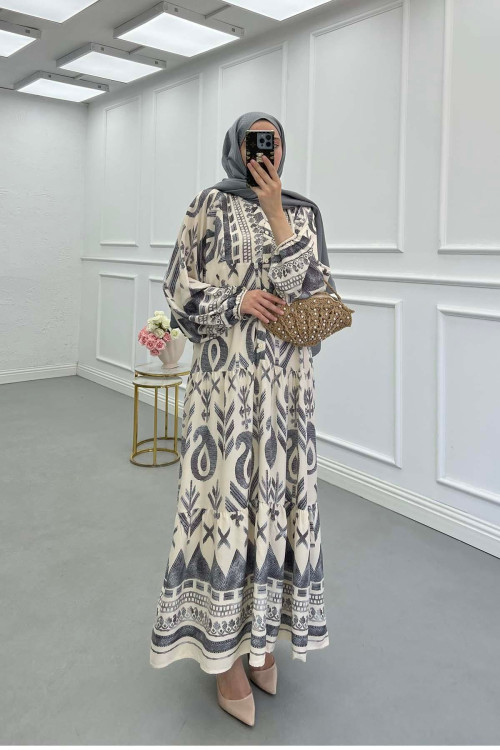 Sare Fashion Half Button Patterned Viscose Dress Gray