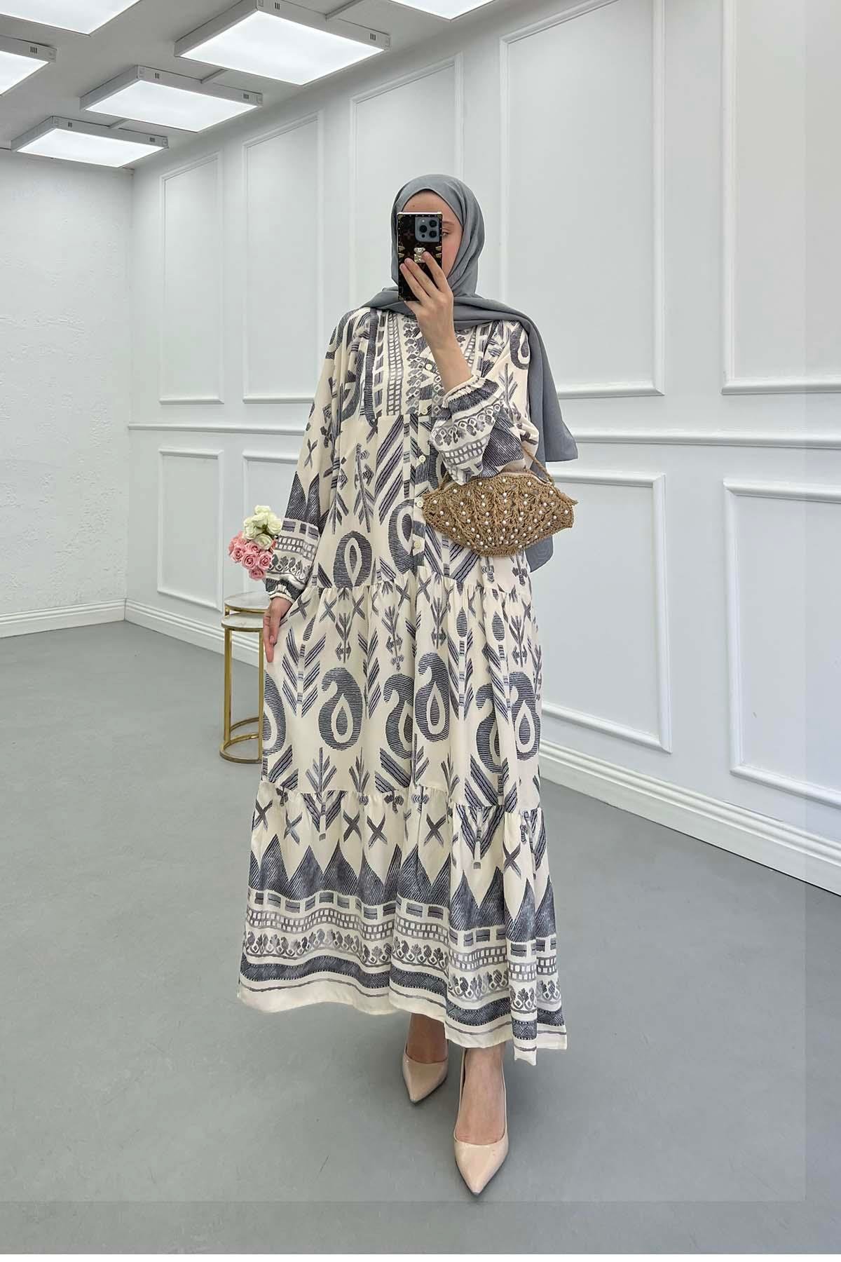Sare Fashion Half Button Patterned Viscose Dress Gray