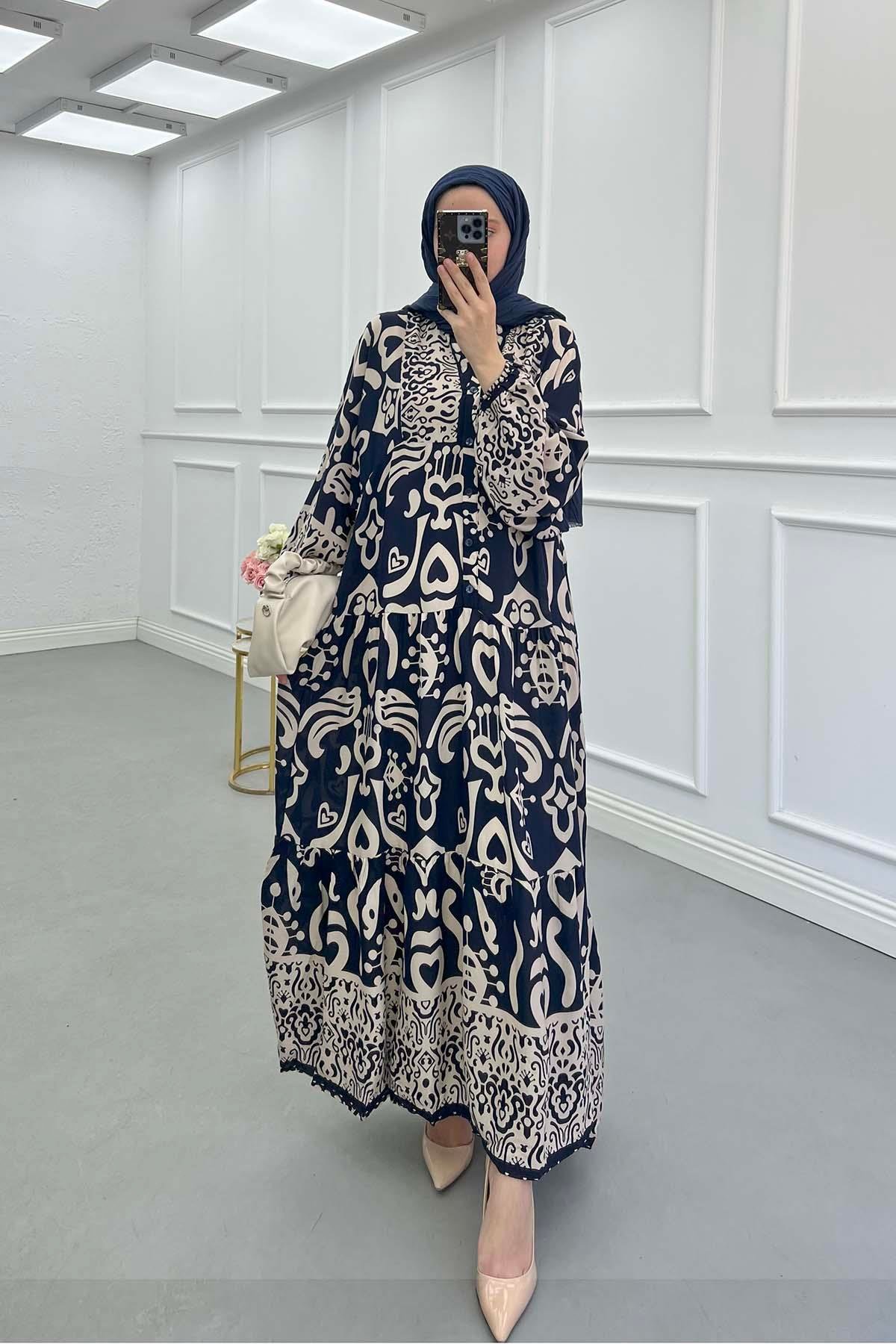 Sare Fashion Half Button Patterned Viscose Dress Navy Blue
