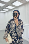 Sare Fashion Half Button Patterned Viscose Dress Navy Blue