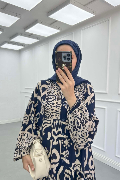 Sare Fashion Half Button Patterned Viscose Dress Navy Blue