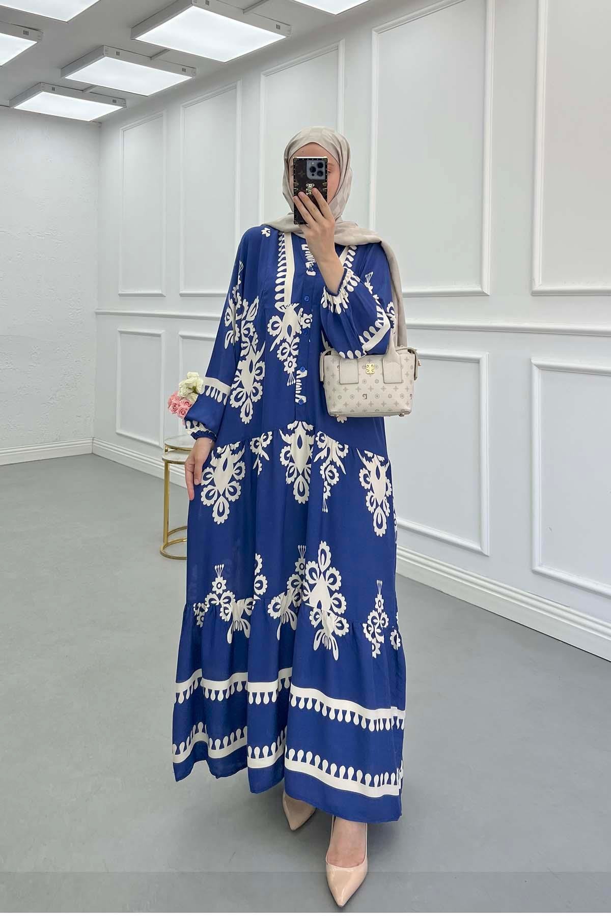 Sare Fashion Half Button Patterned Viscose Dress Navy Blue