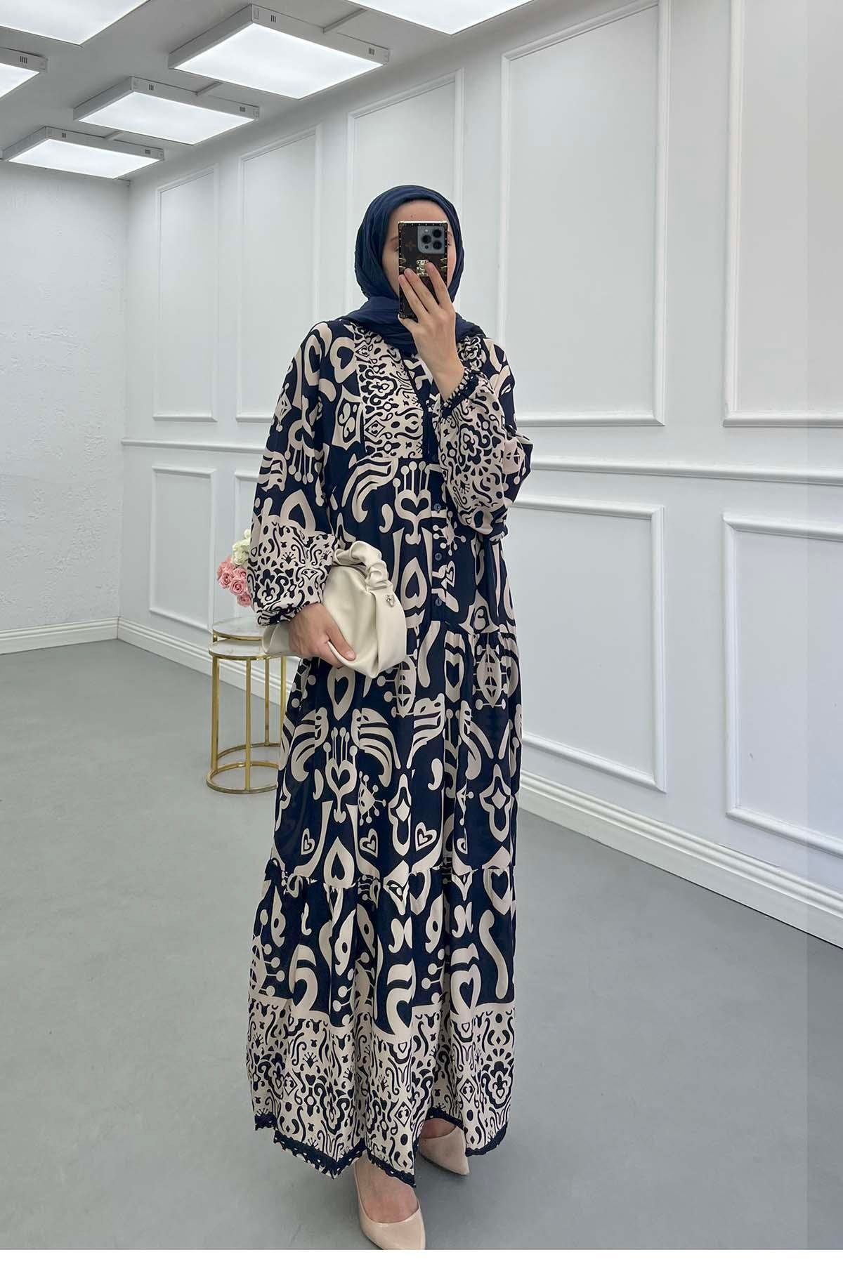 Sare Fashion Half Button Patterned Viscose Dress Navy Blue