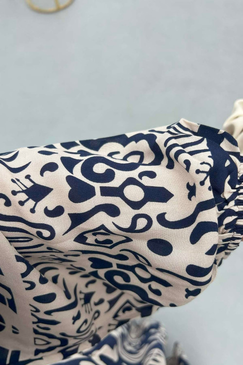Sare Fashion Half Button Patterned Viscose Dress Navy Blue