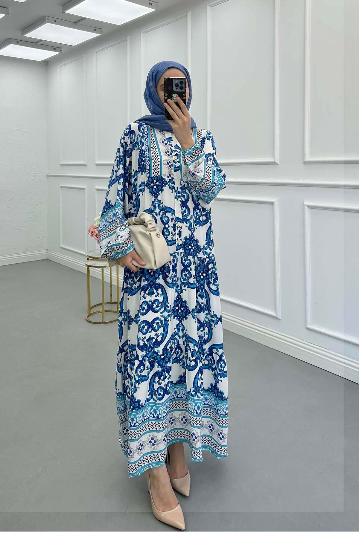Sare Fashion Half Button Patterned Viscose Dress Blue