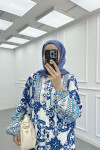 Sare Fashion Half Button Patterned Viscose Dress Blue