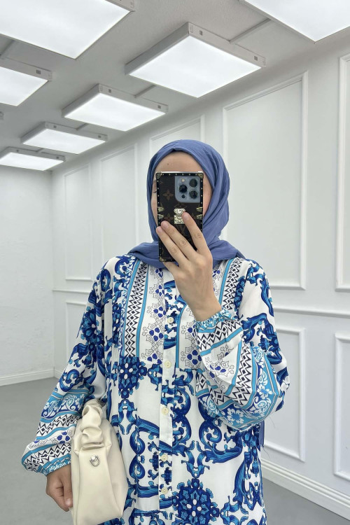 Sare Fashion Half Button Patterned Viscose Dress Blue