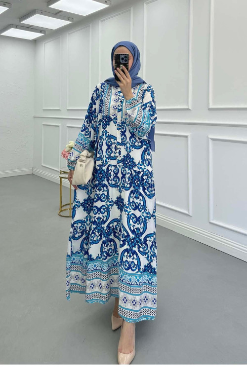 Sare Fashion Half Button Patterned Viscose Dress Blue