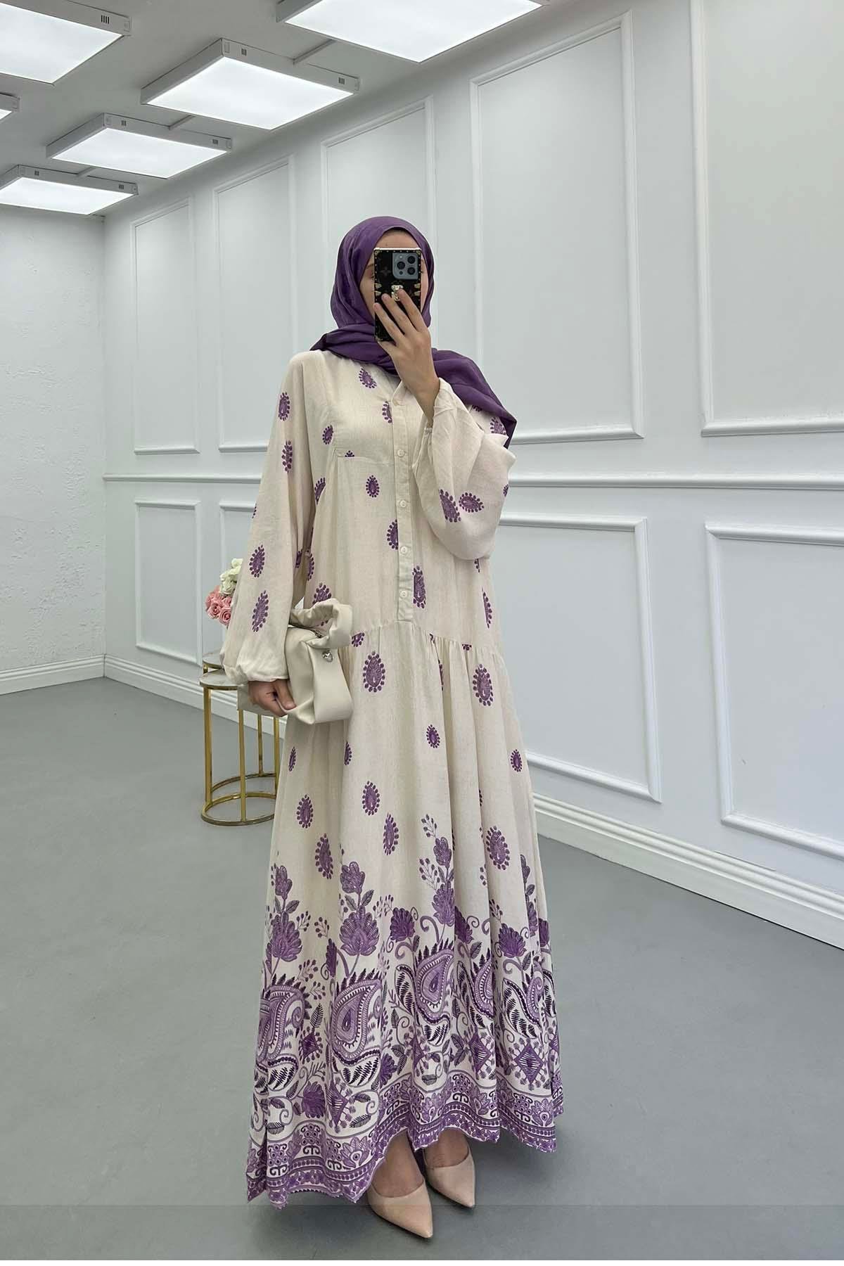 Sare Fashion Half Button Patterned Viscose Dress Purple