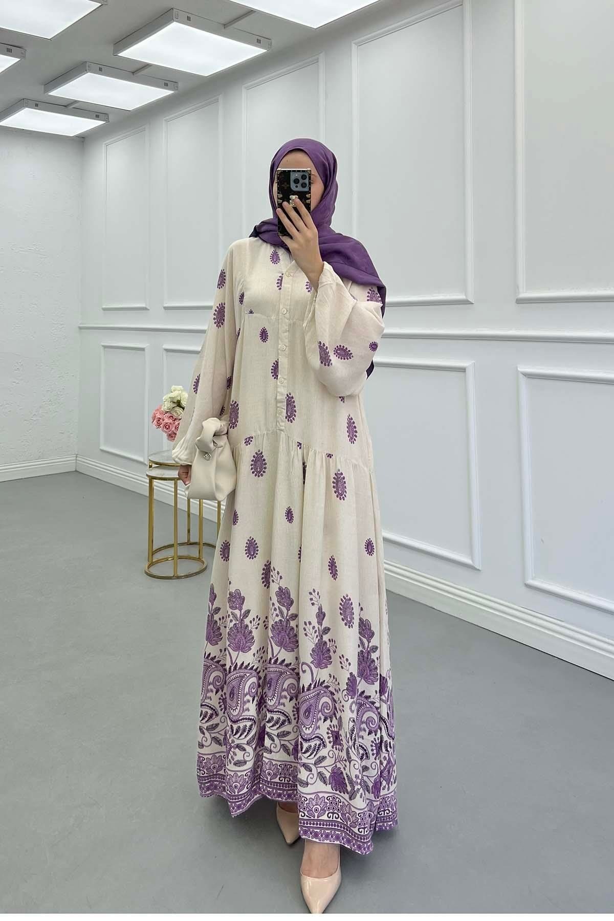 Sare Fashion Half Button Patterned Viscose Dress Purple