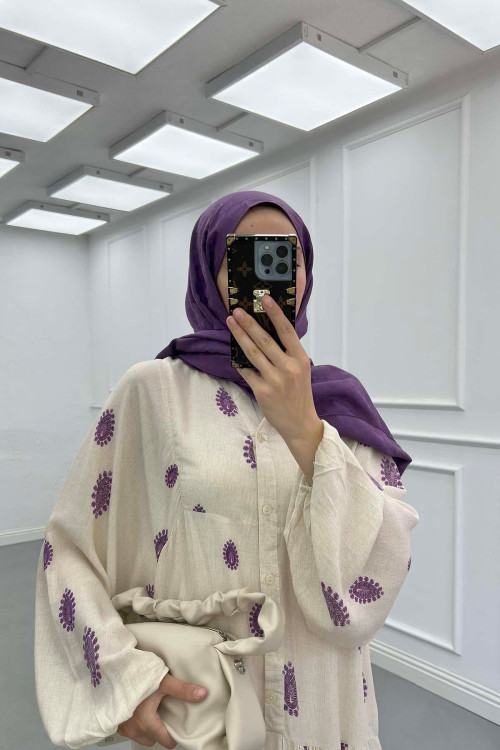 Sare Fashion Half Button Patterned Viscose Dress Purple