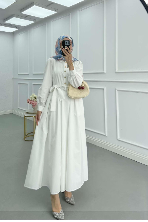 Sare Fashion Half Button Belted Dress White