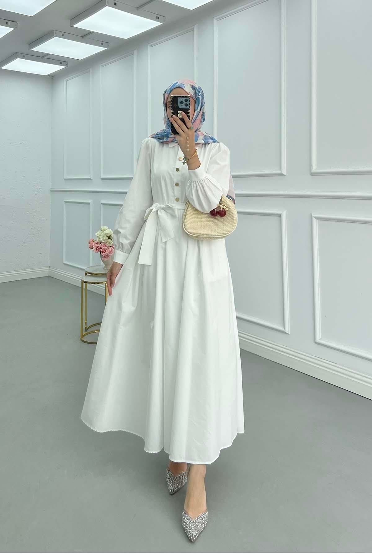 Sare Fashion Half Button Belted Dress White