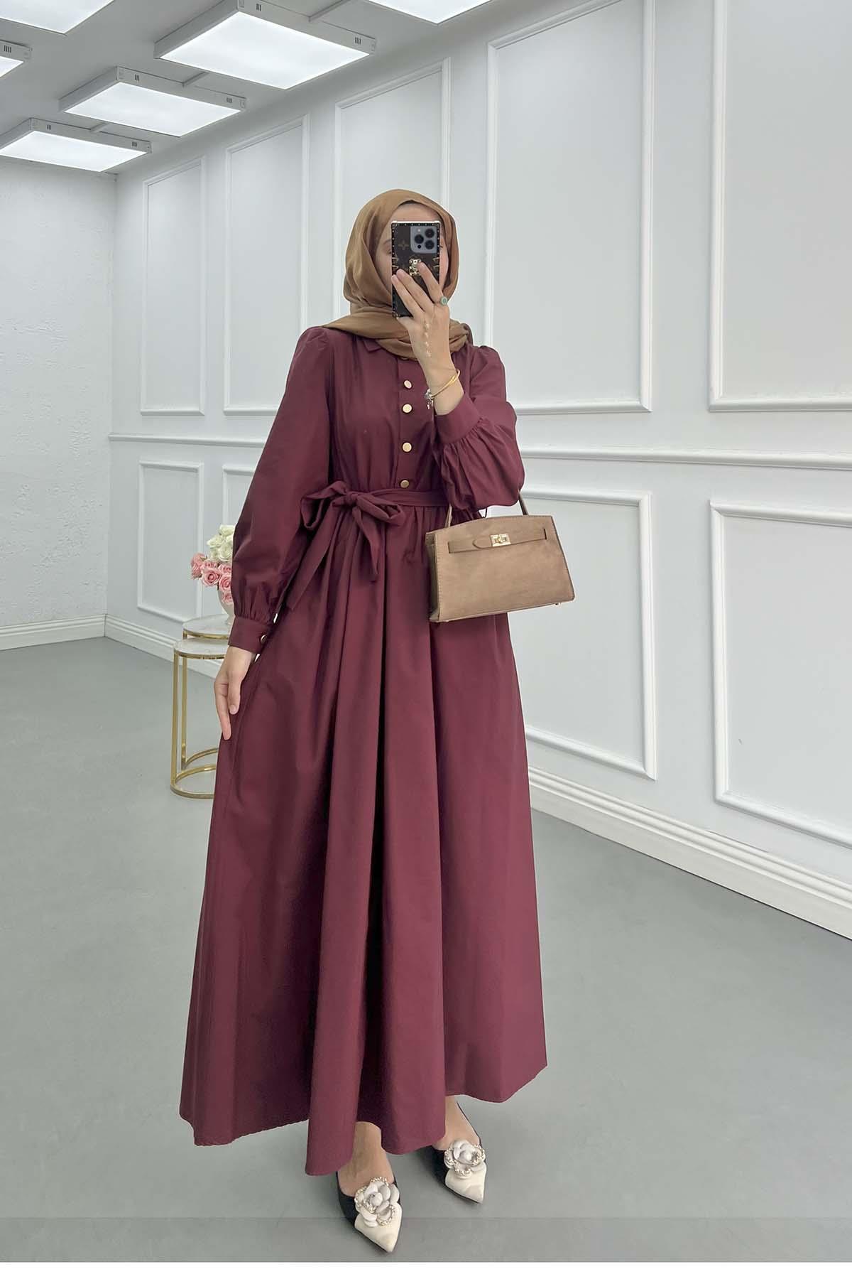 Sare Fashion Half Button Belted Dress Burgundy