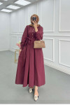 Sare Fashion Half Button Belted Dress Burgundy