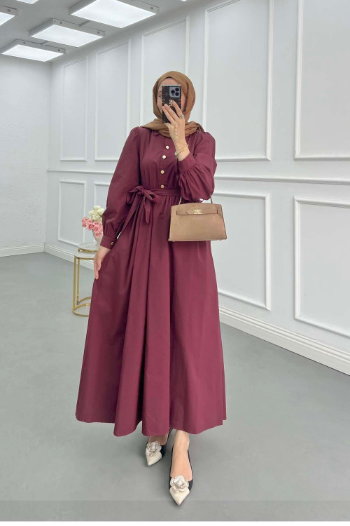 Sare Fashion Half Button Belted Dress Burgundy