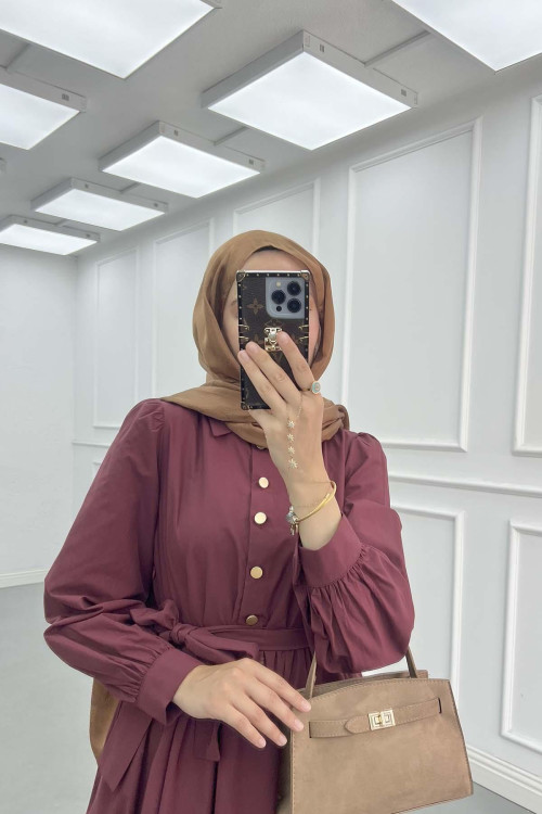 Sare Fashion Half Button Belted Dress Burgundy