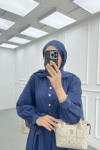 Sare Fashion Half Button Belted Dress Navy Blue