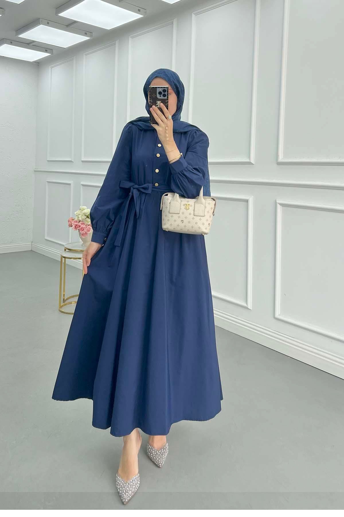 Sare Fashion Half Button Belted Dress Navy Blue