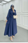 Sare Fashion Half Button Belted Dress Navy Blue