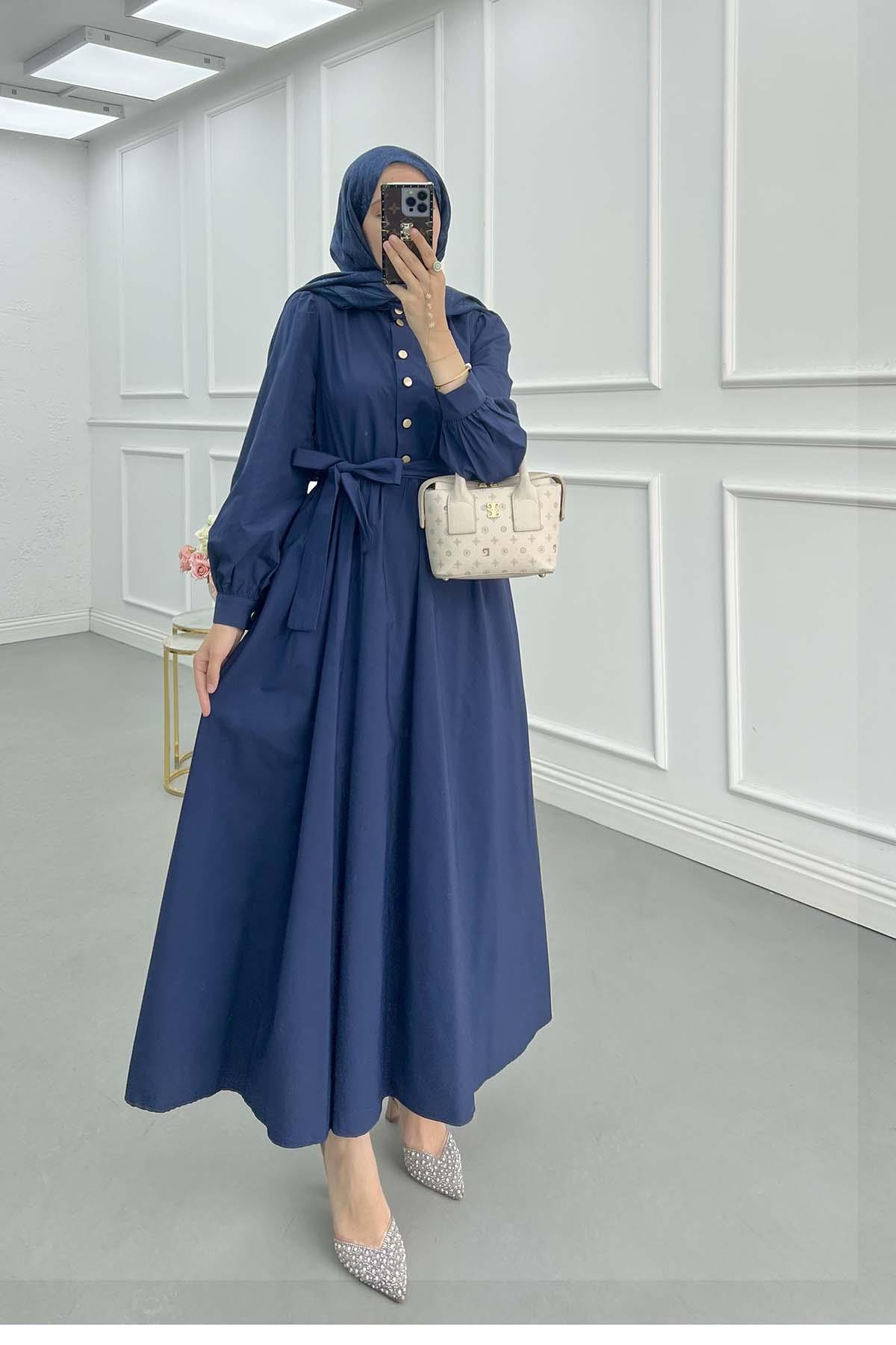 Sare Fashion Half Button Belted Dress Navy Blue
