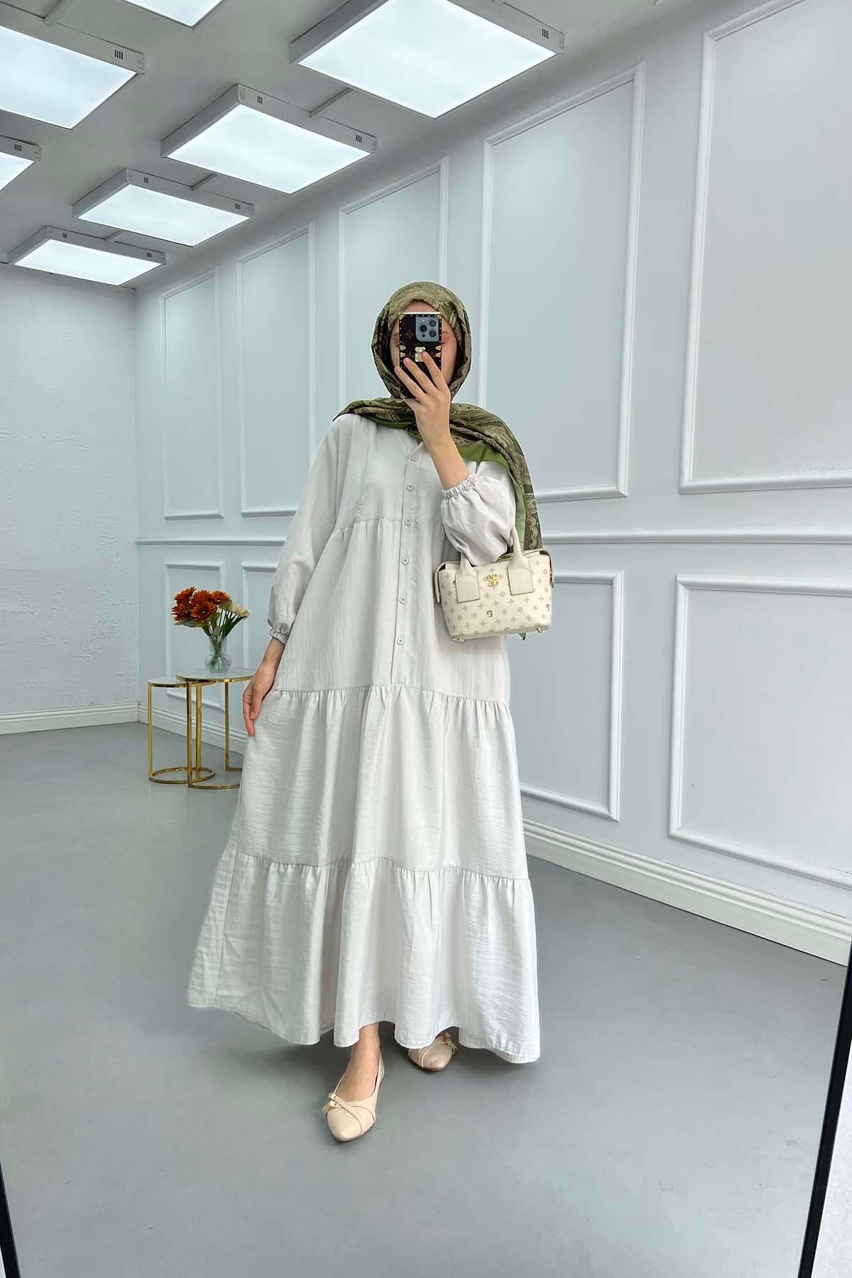 Sare Fashion Half Button Parachute Dress Light Grey