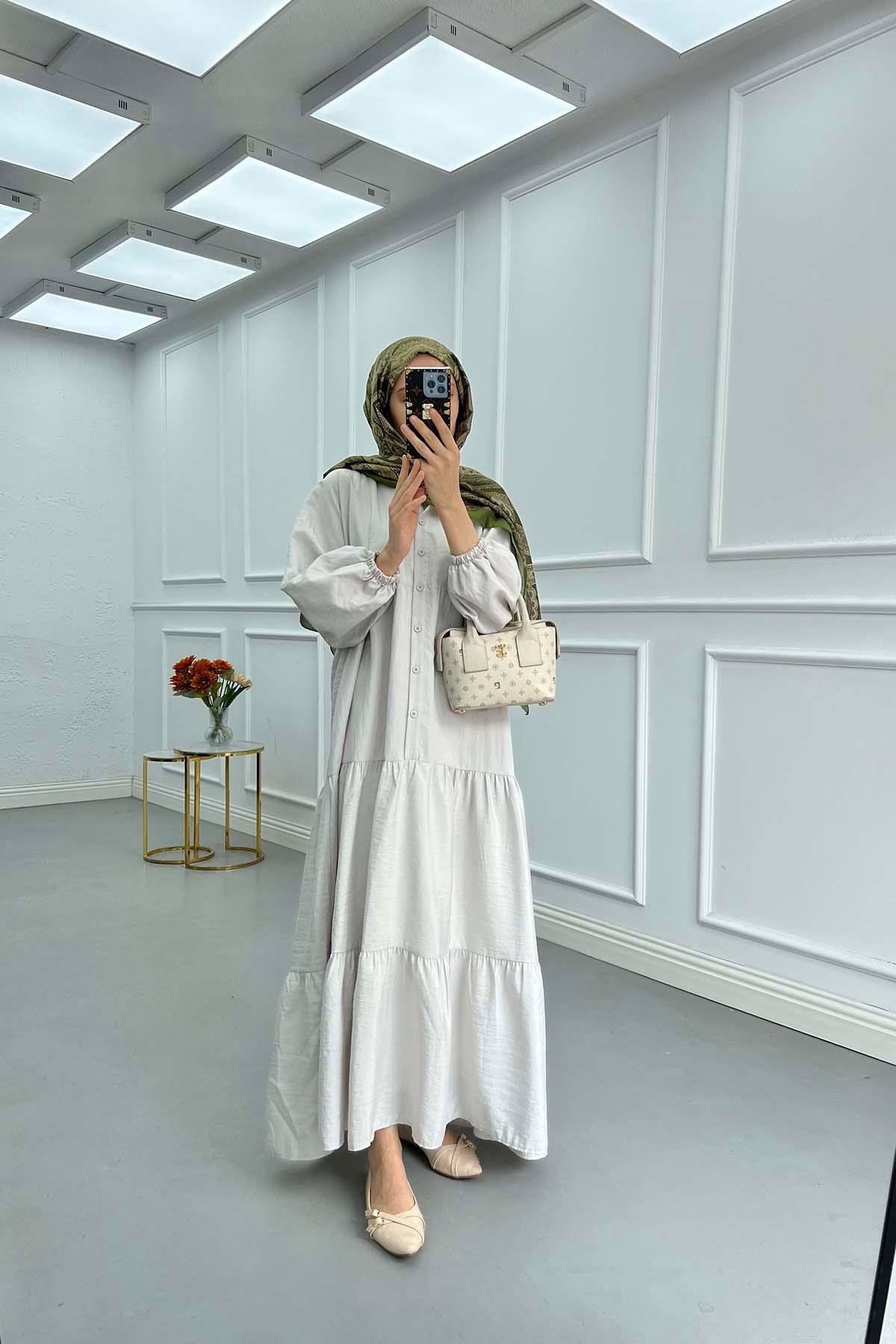 Sare Fashion Half Button Parachute Dress Light Grey