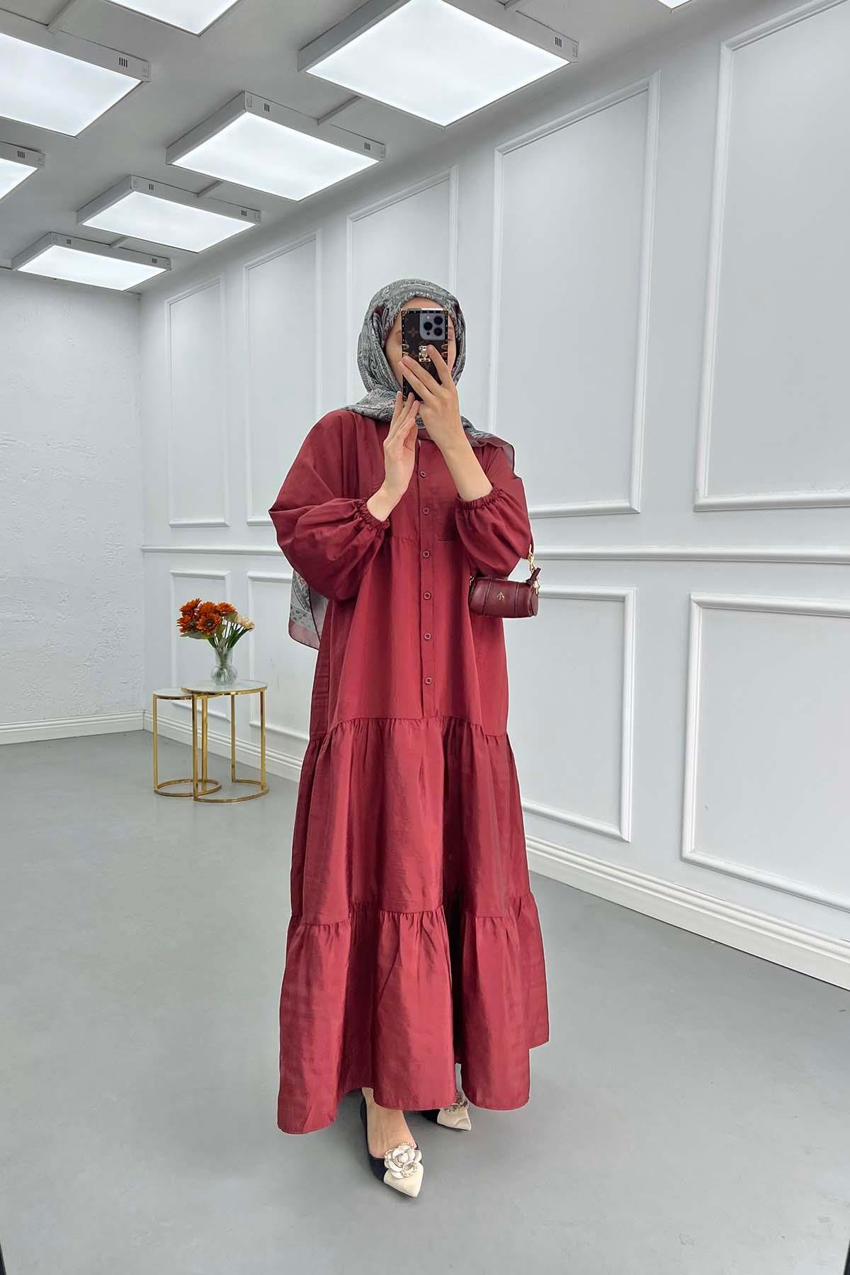 Sare Fashion Half Button Parachute Dress Burgundy