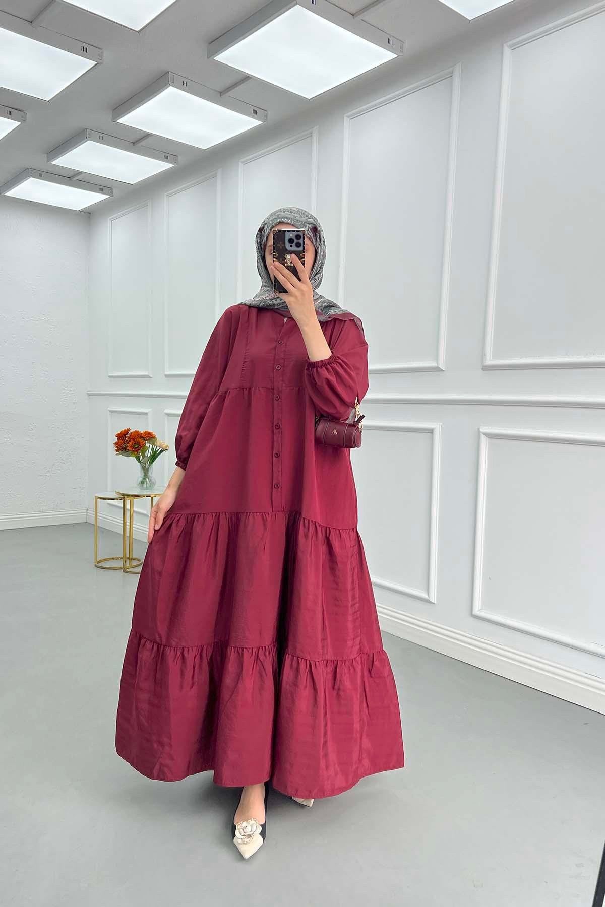 Sare Fashion Half Button Parachute Dress Burgundy