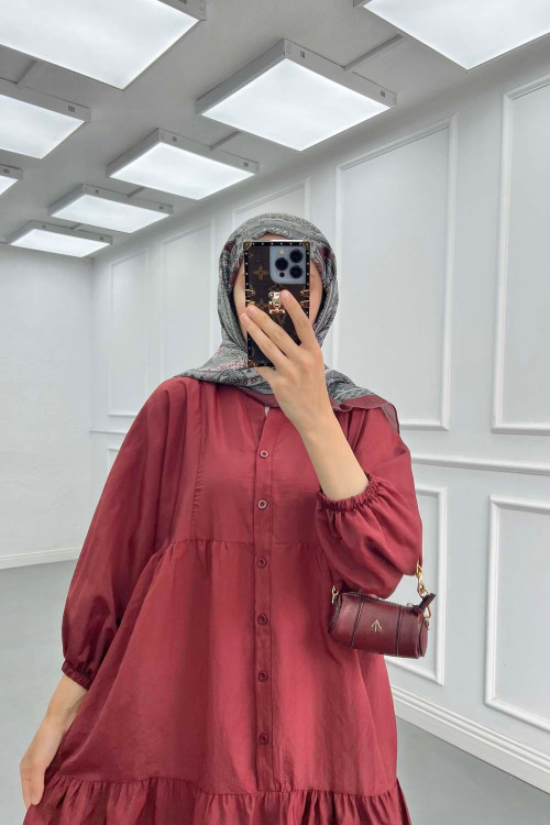 Sare Fashion Half Button Parachute Dress Burgundy