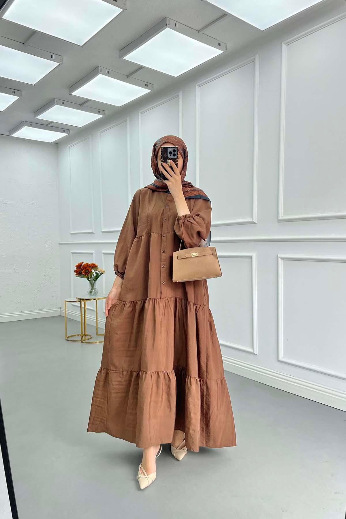 Sare Fashion Half Button Parachute Dress Brown