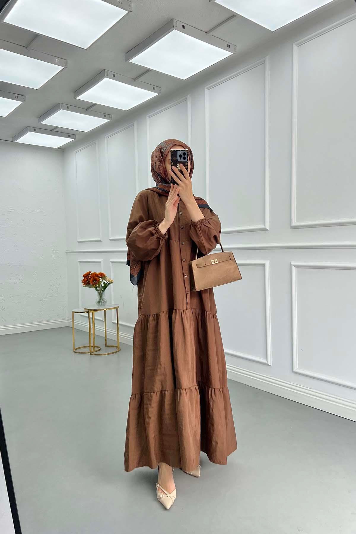Sare Fashion Half Button Parachute Dress Brown