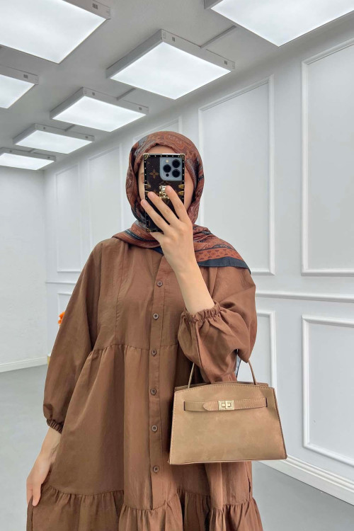 Sare Fashion Half Button Parachute Dress Brown