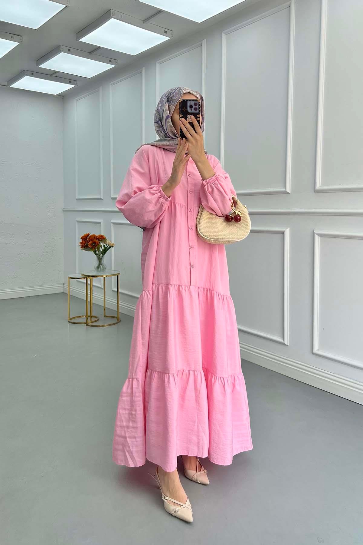 Sare Fashion Half Button Parachute Dress Pink