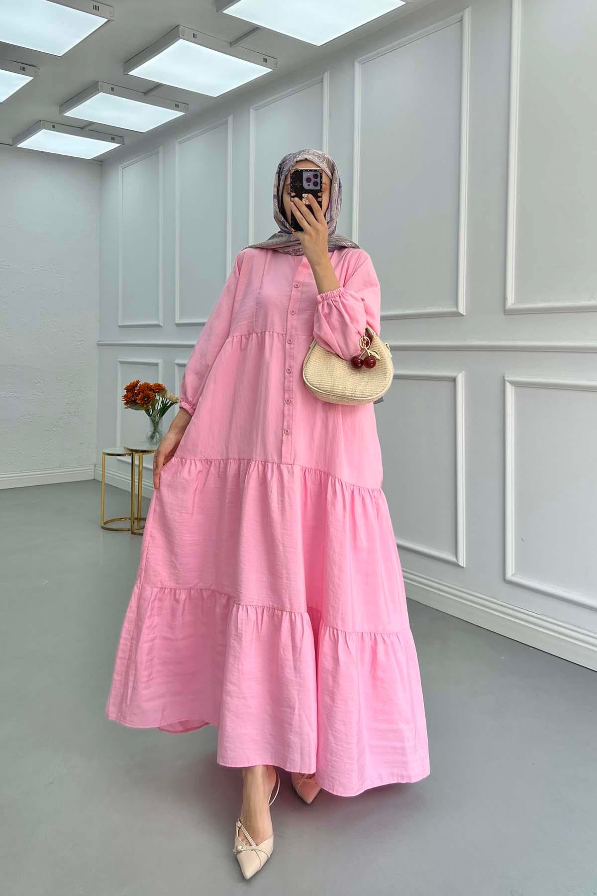 Sare Fashion Half Button Parachute Dress Pink